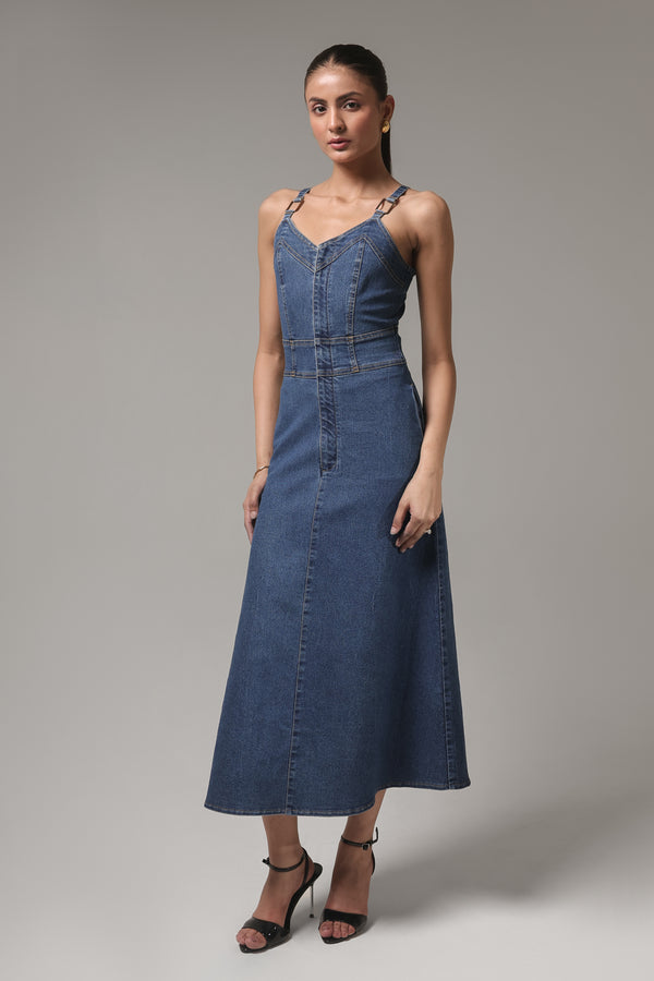 Women’s Denim Maxi Dress with Strappy Detailing | Blues by V E N U E ORIGINAL