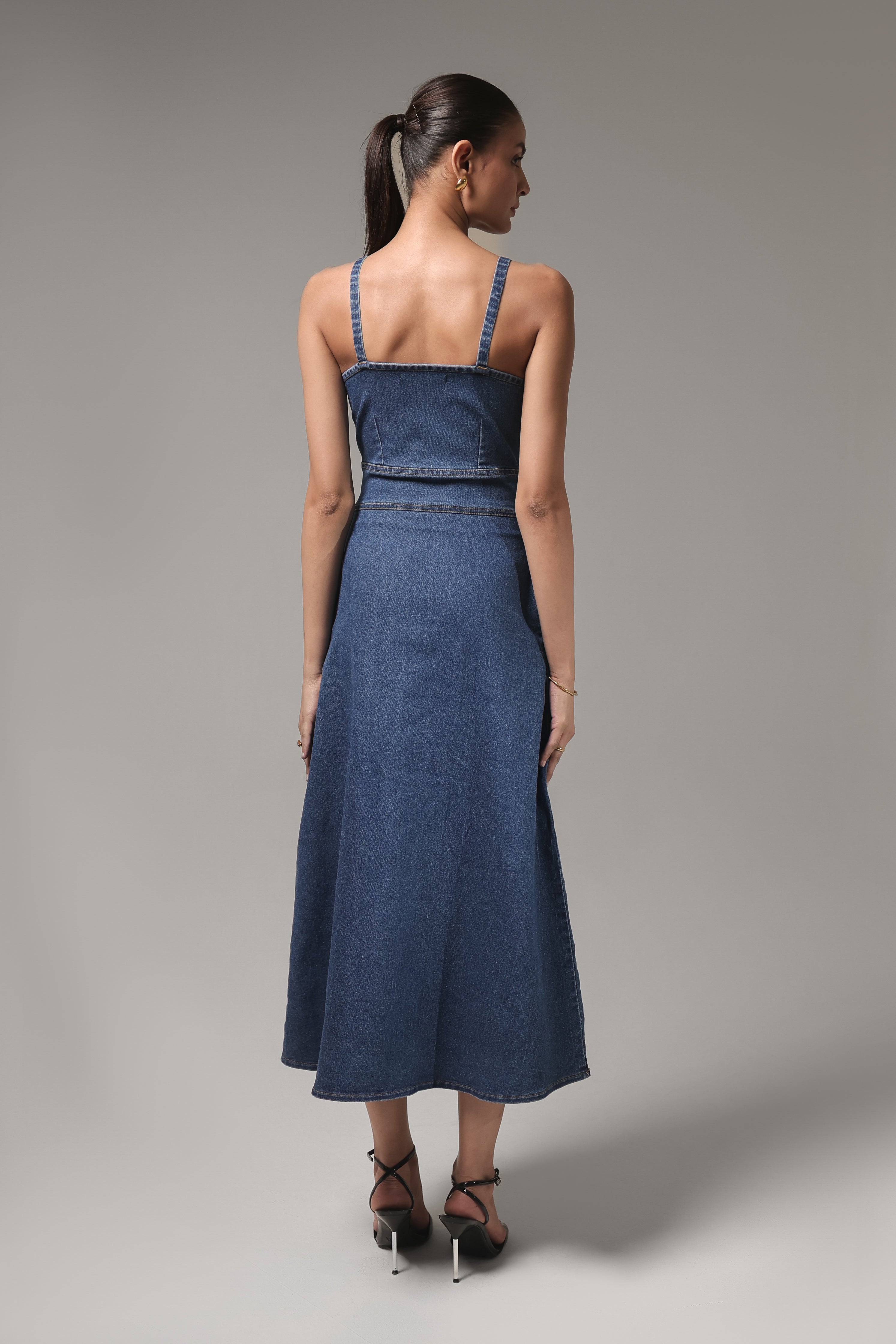 Denim Maxi Dress with Strappy Detailing