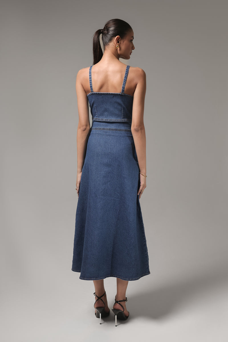 Women’s Denim Maxi Dress with Strappy Detailing | Blues by V E N U E ORIGINAL