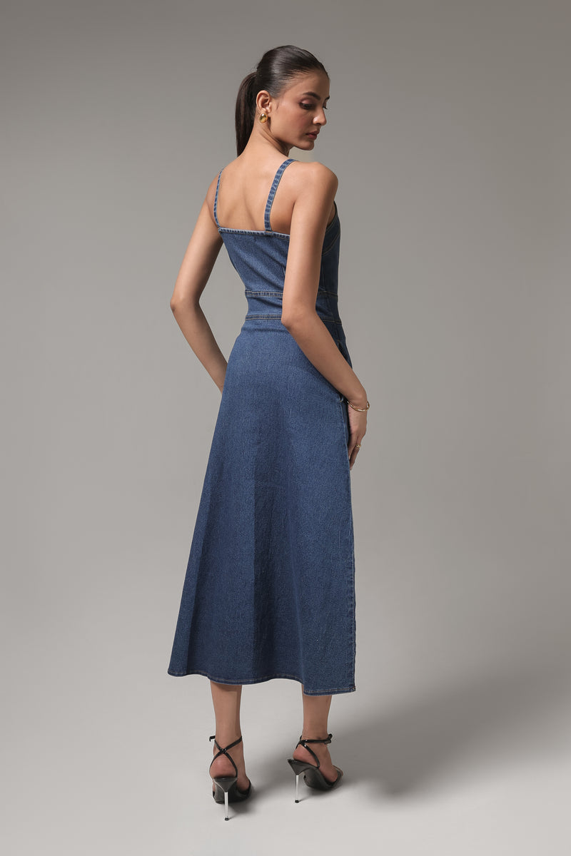 Women’s Denim Maxi Dress with Strappy Detailing | Blues by V E N U E ORIGINAL