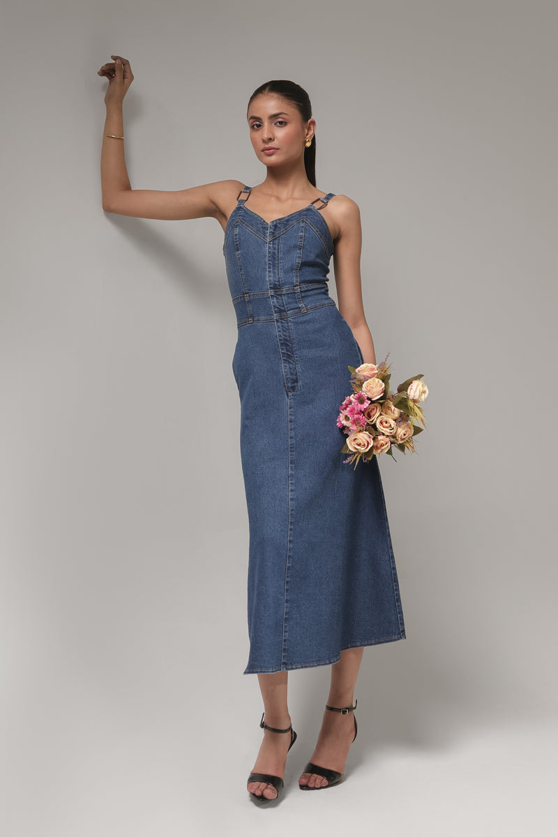 Women’s Denim Maxi Dress with Strappy Detailing | Blues by V E N U E ORIGINAL
