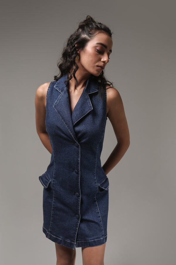 Women’s Sleeveless Denim Blazer Dress | Blues by V E N U E ORIGINAL