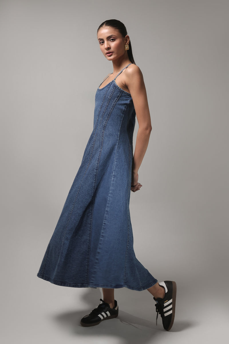 Women’s Denim Spaghetti Strap Maxi Dress | Blues by V E N U E ORIGINAL
