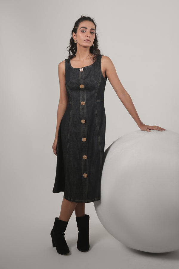 Women’s Dark Denim Button-Down Midi Dress | Blues by V E N U E ORIGINAL