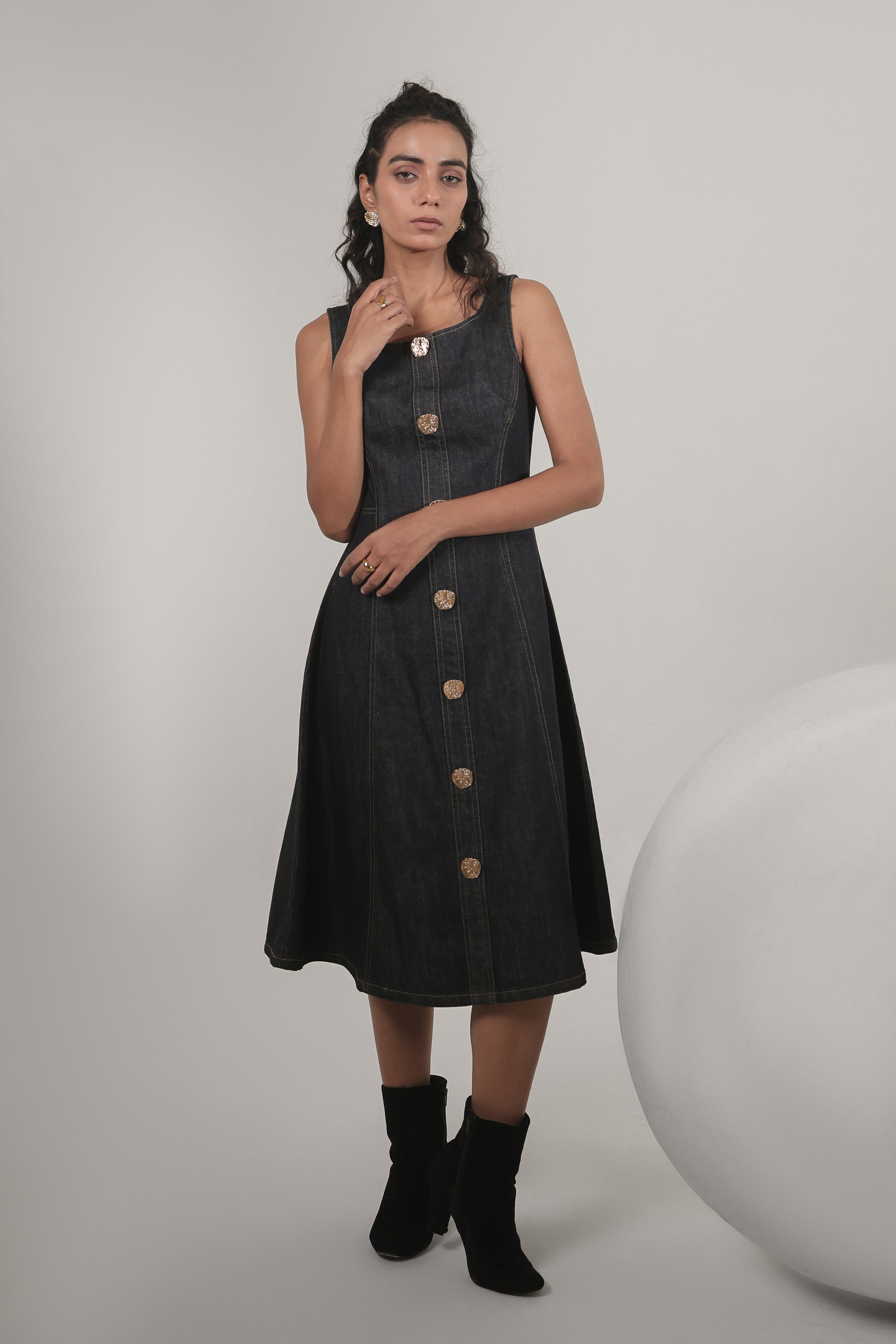 Dark Denim Button-Down Midi Dress