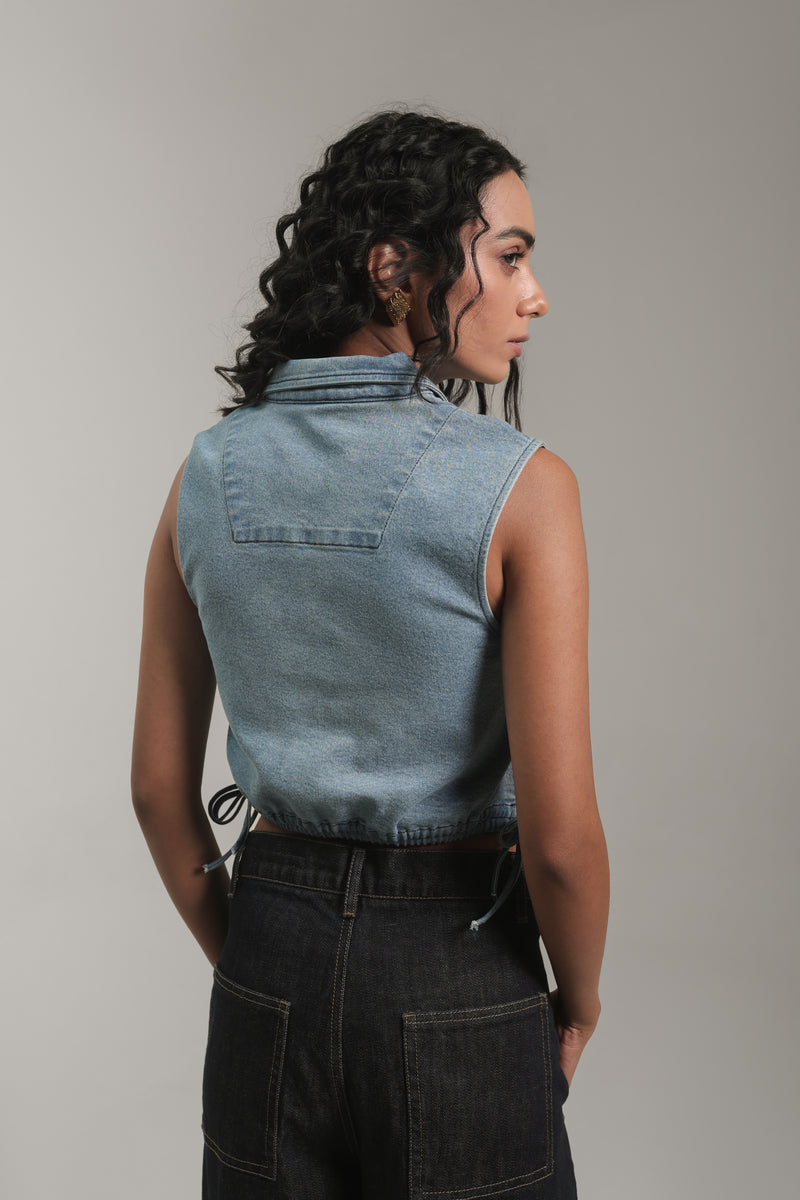 Women’s Light Wash Cropped Denim Top with Drawstring Hem | Blues by V E N U E ORIGINAL