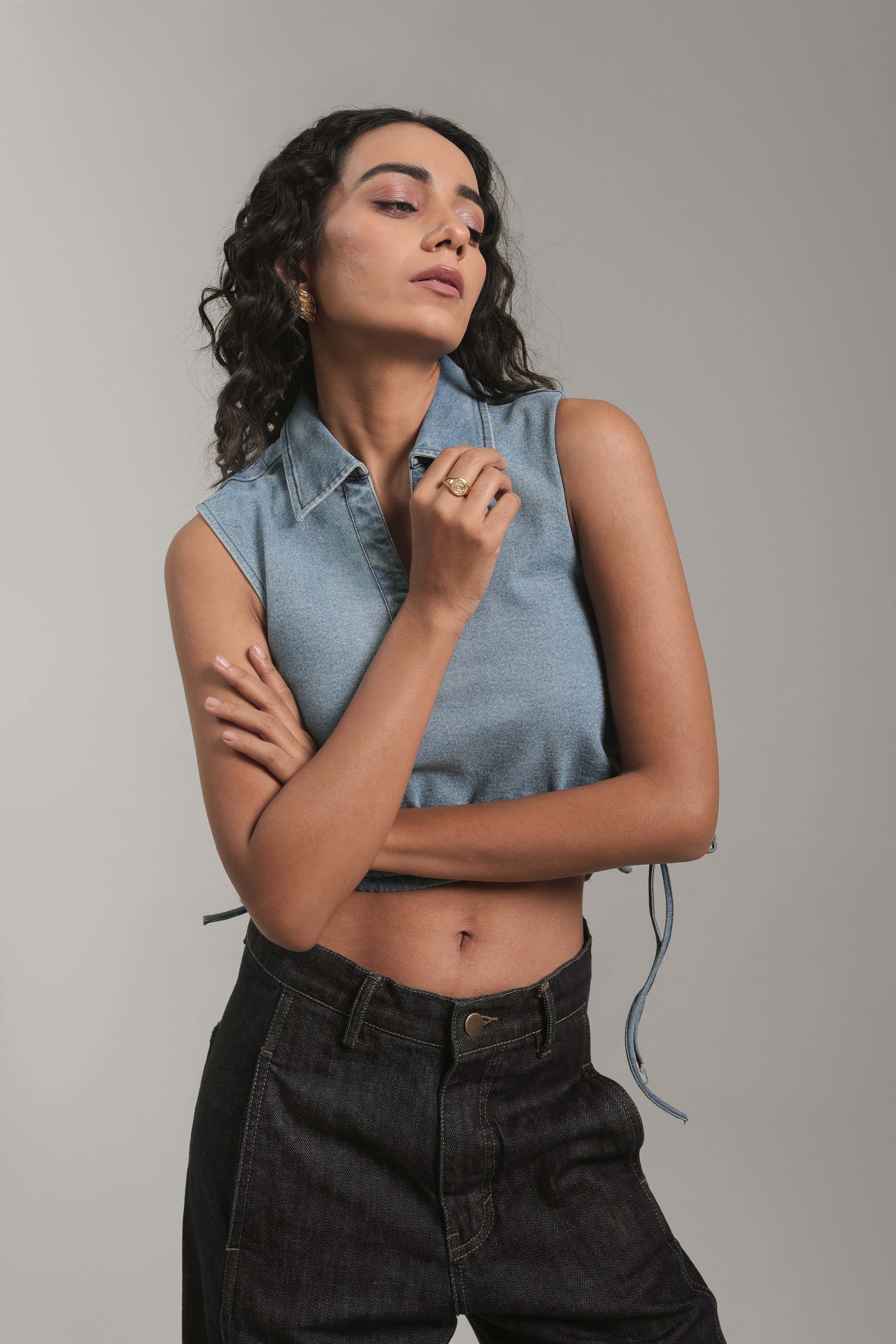 Light Wash Cropped Denim Top with Drawstring Hem