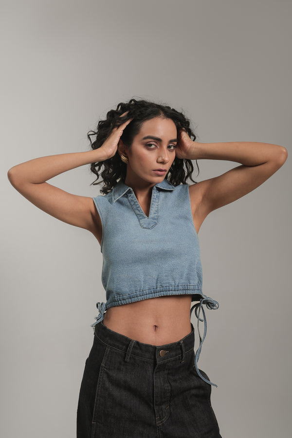 Women’s Light Wash Cropped Denim Top with Drawstring Hem | Blues by V E N U E ORIGINAL