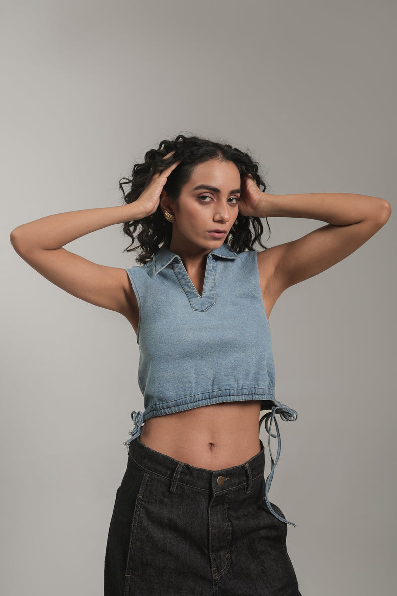 Women’s Light Wash Cropped Denim Top with Drawstring Hem | Blues by V E N U E ORIGINAL