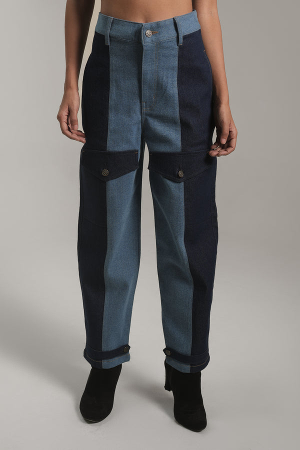 Women’s Two-Tone Patchwork Cargo Denim Pants | Blues by V E N U E ORIGINAL