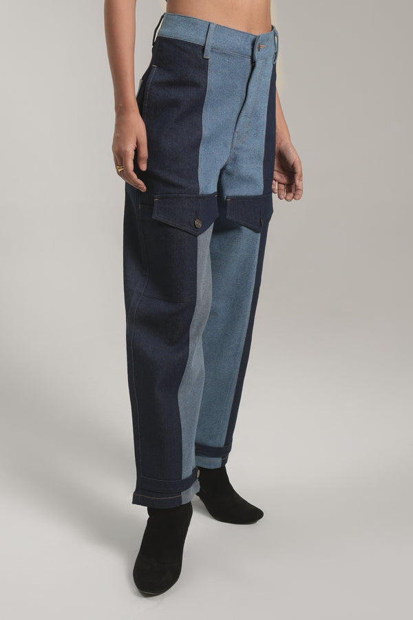 Women’s Two-Tone Patchwork Cargo Denim Pants | Blues by V E N U E ORIGINAL