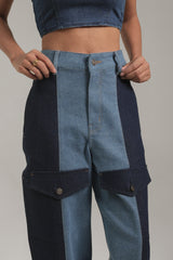 Women’s Two-Tone Patchwork Cargo Denim Pants | Blues by V E N U E ORIGINAL
