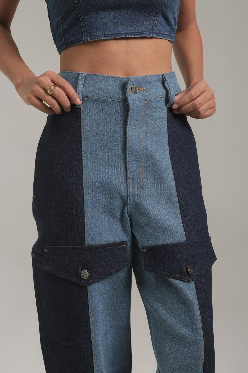 Women’s Two-Tone Patchwork Cargo Denim Pants | Blues by V E N U E ORIGINAL