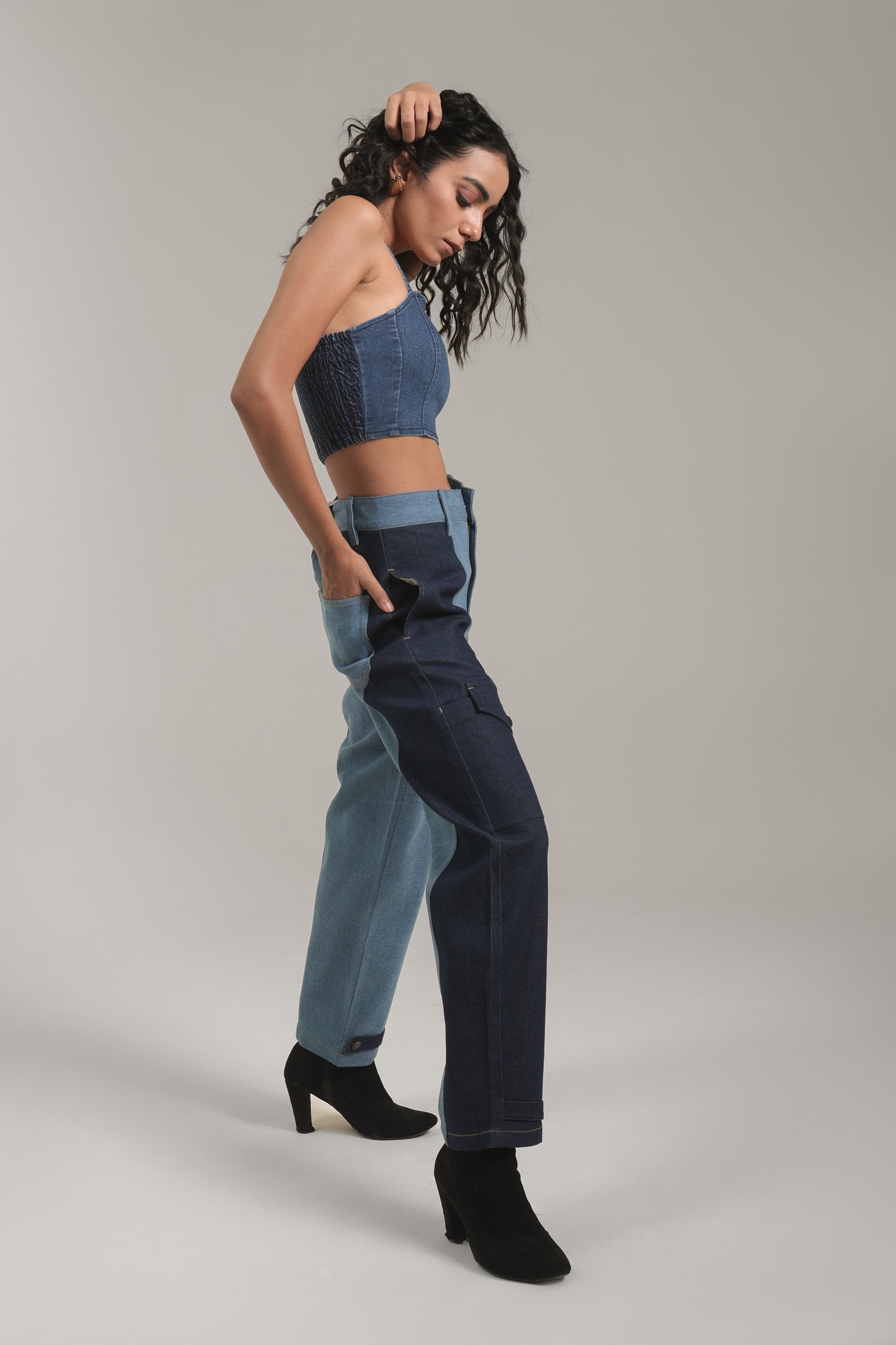 Two-Tone Patchwork Cargo Denim Pants