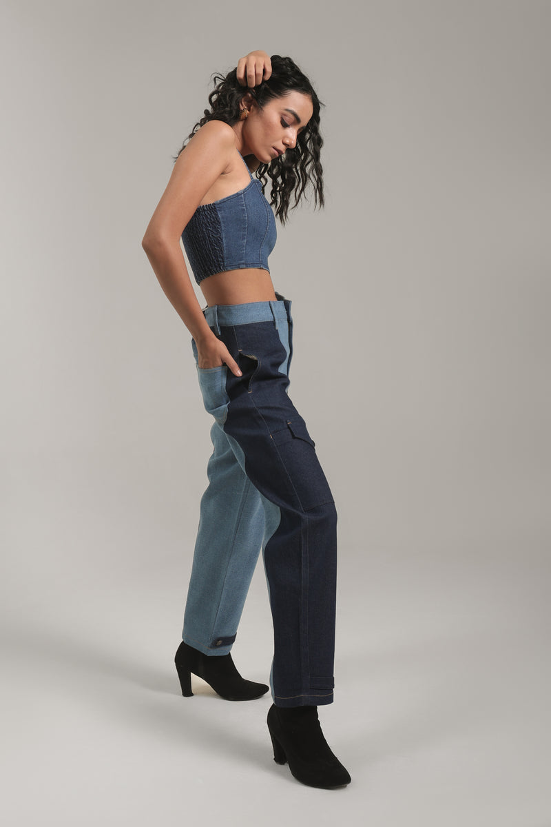 Women’s Two-Tone Patchwork Cargo Denim Pants | Blues by V E N U E ORIGINAL
