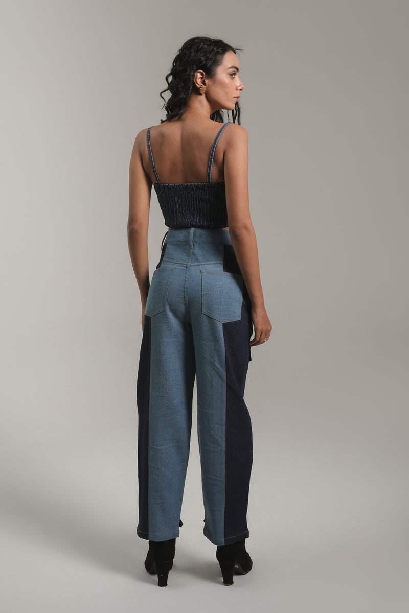 Women’s Two-Tone Patchwork Cargo Denim Pants | Blues by V E N U E ORIGINAL