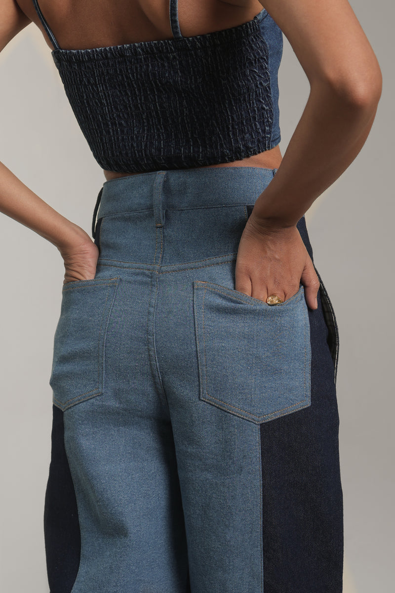 Women’s Two-Tone Patchwork Cargo Denim Pants | Blues by V E N U E ORIGINAL