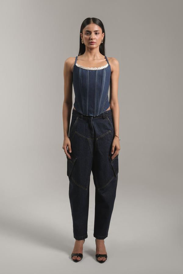 Women’s Dark-Wash Utility Cargo Denim Pants | Blues by V E N U E ORIGINAL