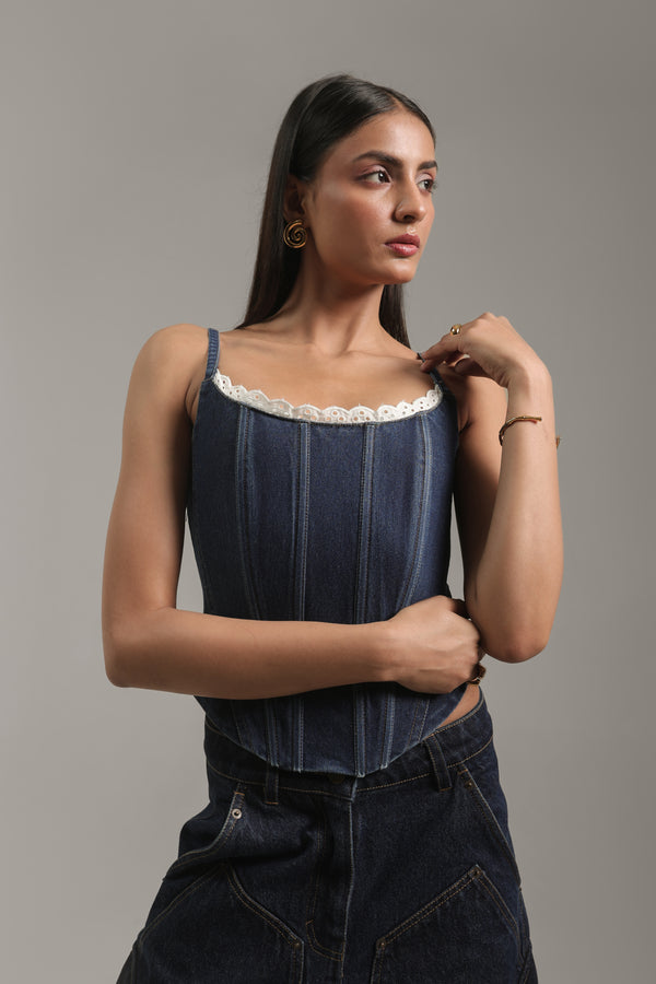 Women’s Lace Trim Denim Bustier Top | Blues by V E N U E ORIGINAL