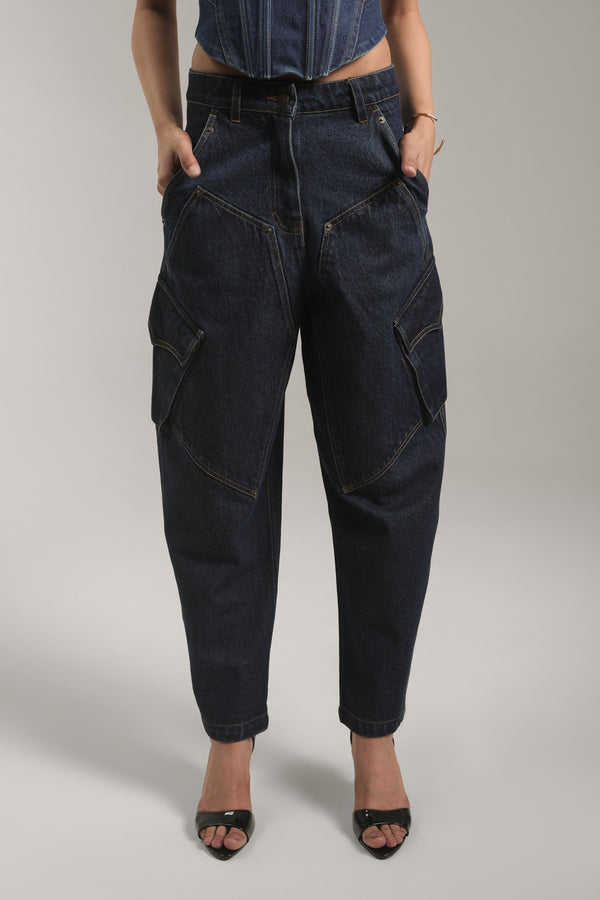 Women’s Dark-Wash Utility Cargo Denim Pants | Blues by V E N U E ORIGINAL
