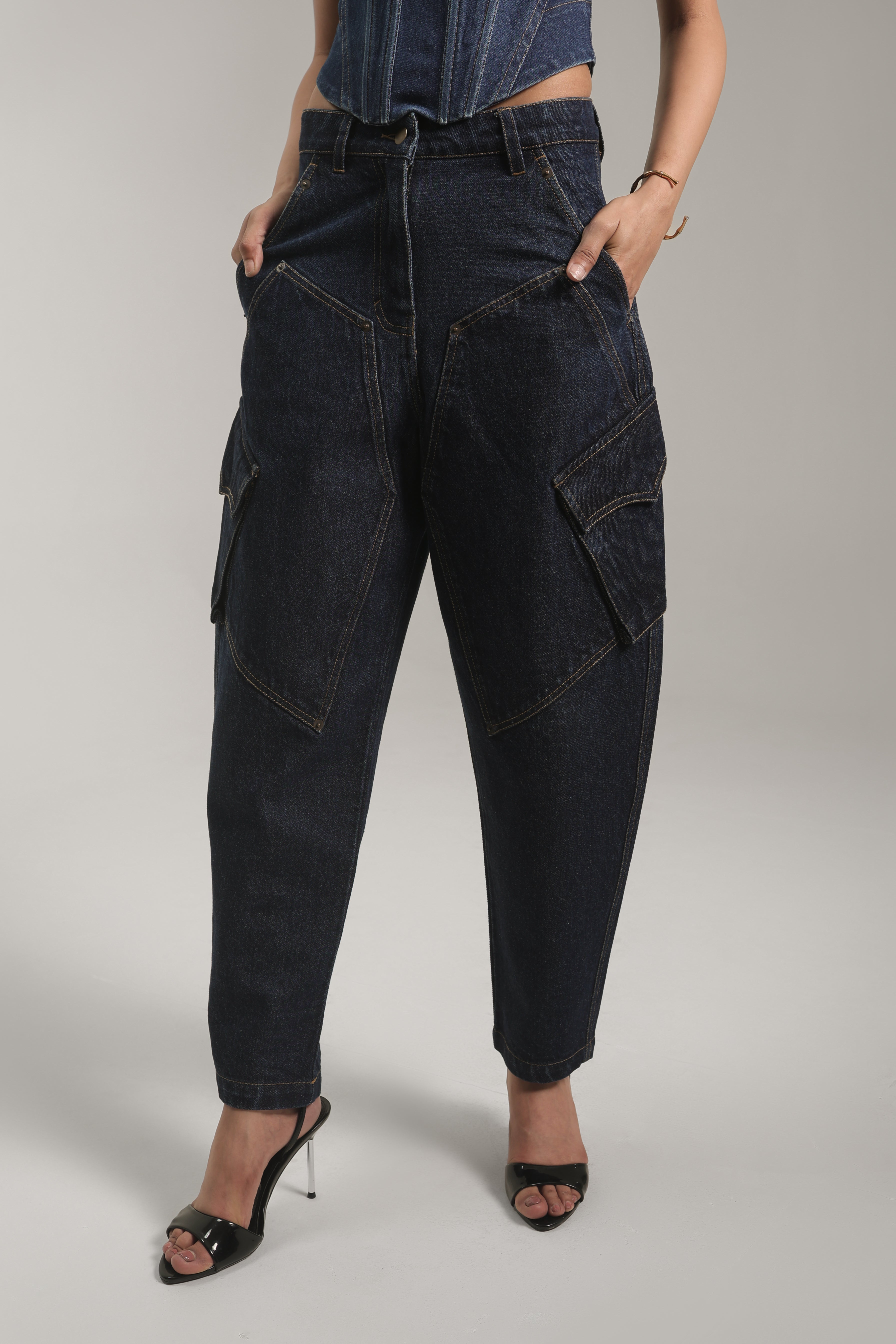 Dark-Wash Cargo Denim Pants