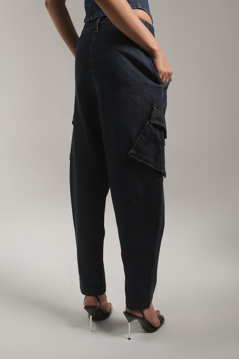 Women’s Dark-Wash Utility Cargo Denim Pants | Blues by V E N U E ORIGINAL