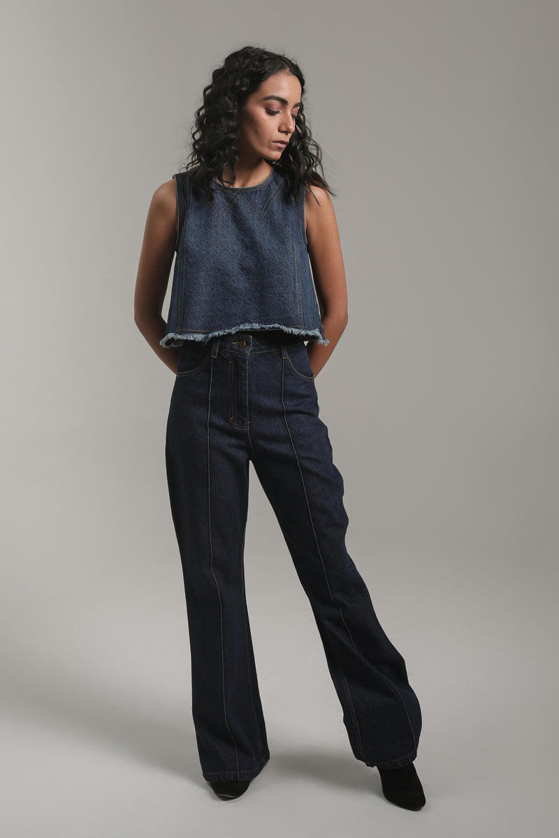 Women’s Raw Hem Sleeveless Denim Crop Top | Blues by V E N U E ORIGINAL
