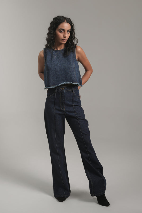 Women’s Raw Hem Sleeveless Denim Crop Top | Blues by V E N U E ORIGINAL