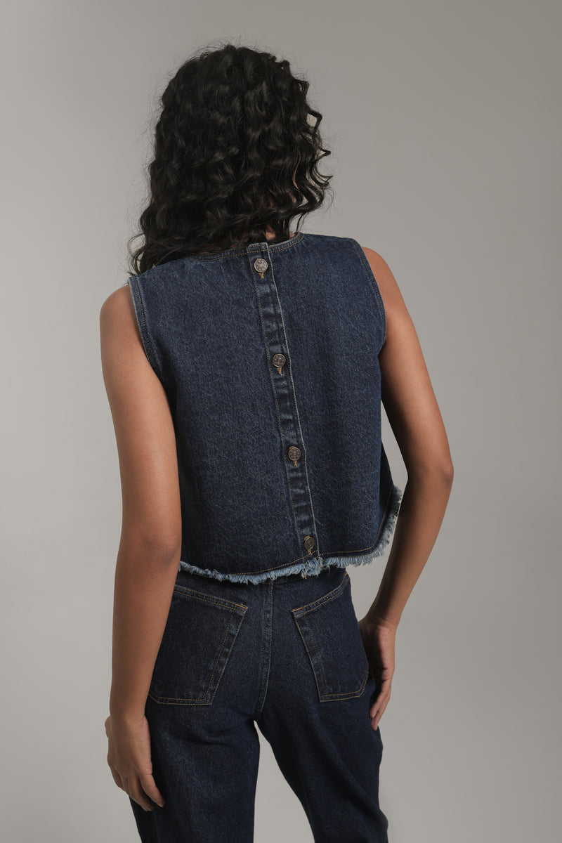 Women’s Raw Hem Sleeveless Denim Crop Top | Blues by V E N U E ORIGINAL