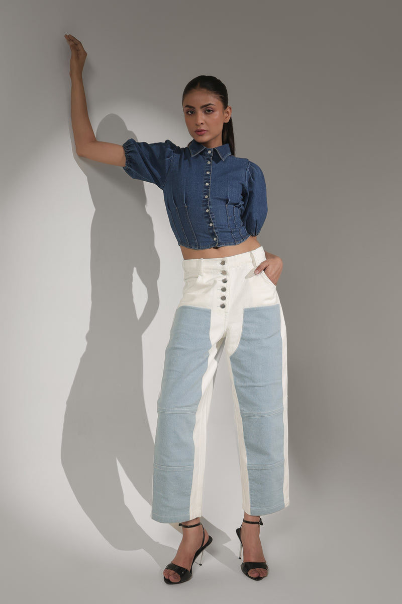 Women’s Puff Sleeve Denim Crop Shirt | Blues by V E N U E ORIGINAL