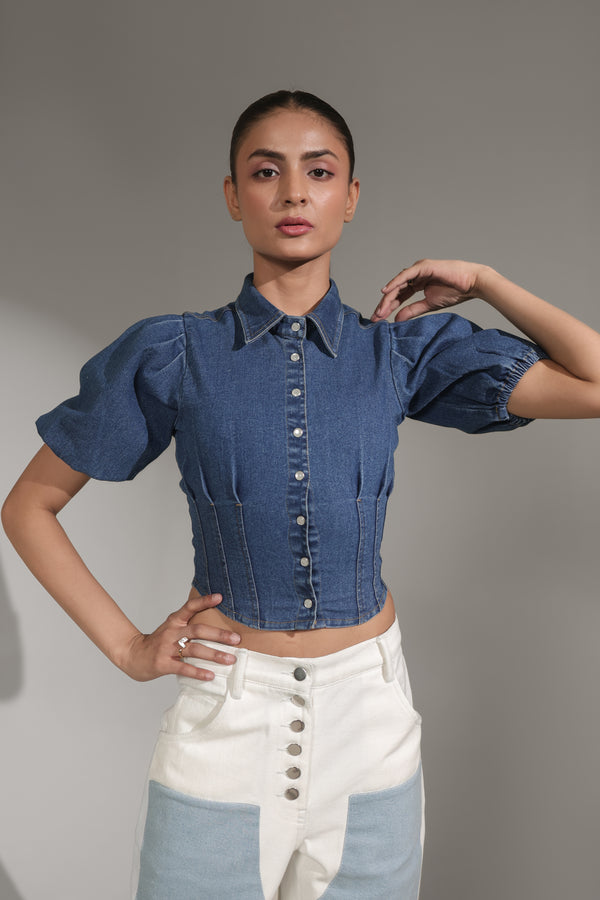 Women’s Puff Sleeve Denim Crop Shirt | Blues by V E N U E ORIGINAL