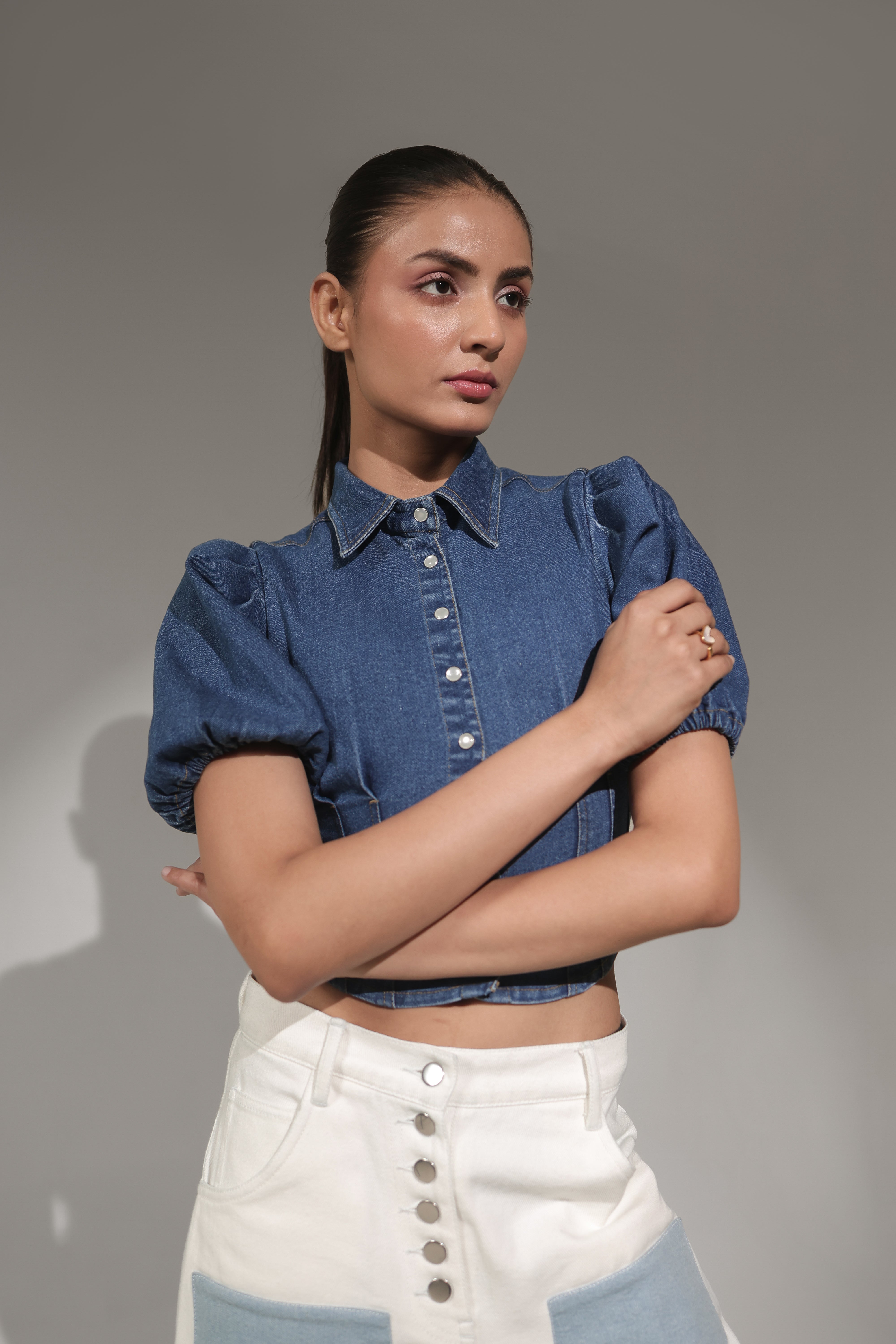 Puff Sleeve Denim Crop Shirt