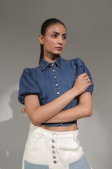 Women’s Puff Sleeve Denim Crop Shirt | Blues by V E N U E ORIGINAL