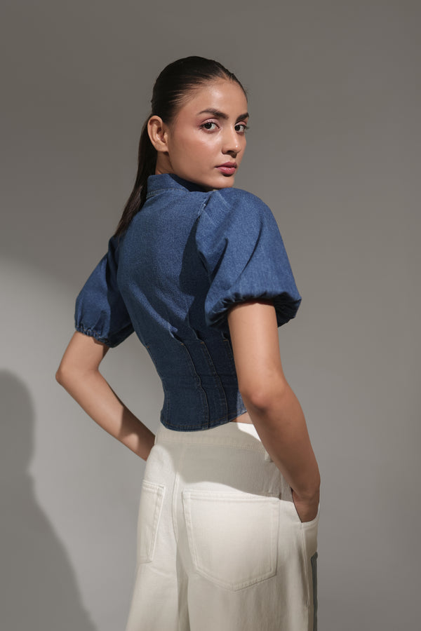 Women’s Puff Sleeve Denim Crop Shirt | Blues by V E N U E ORIGINAL