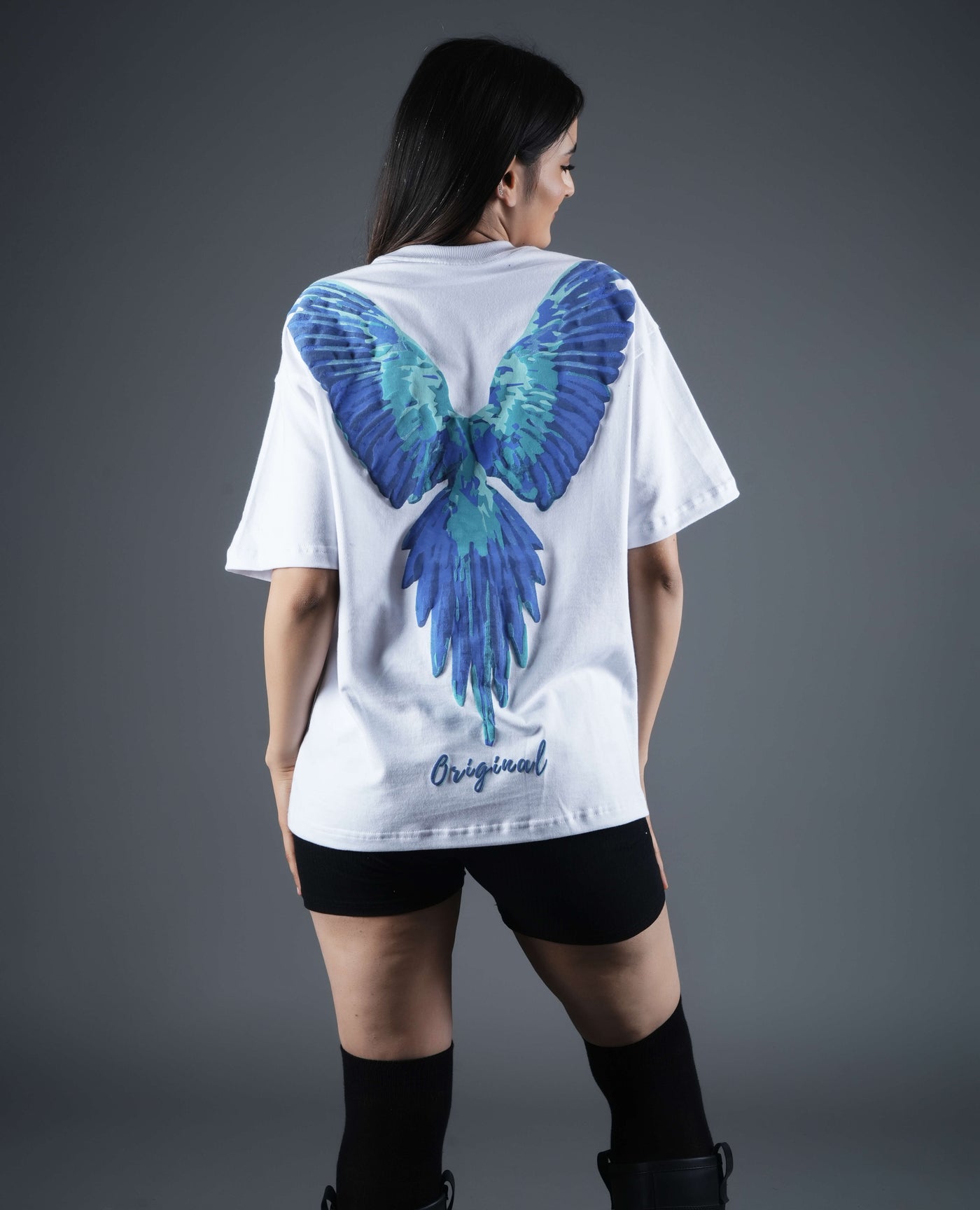 Flying Parrot Puff Print Oversized T-shirt