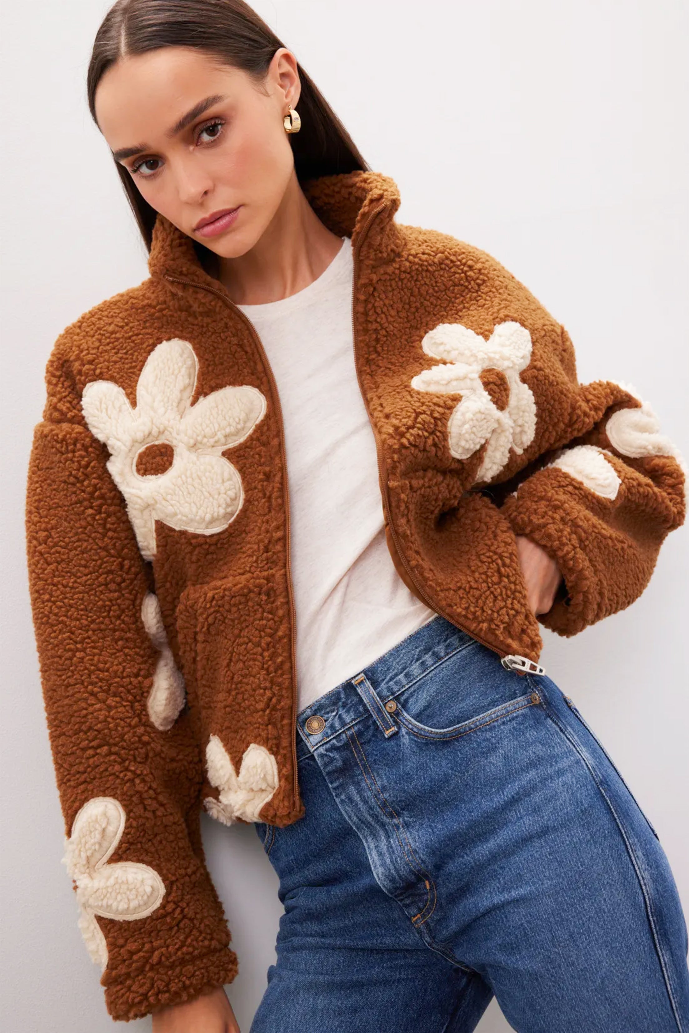 Daisy Print Zip-Up Sherpa Jacket